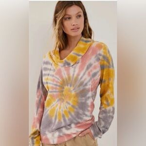 Anthropologie Pilcro Angie Mock Neck Waffle Thermal Tie Dye Shirt in size L